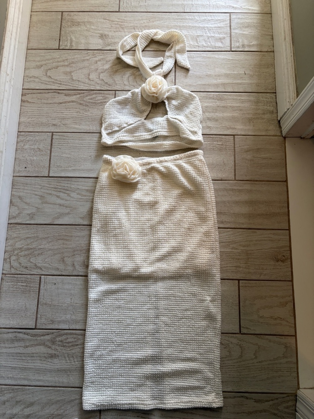 White Knit Rose Two Piece Set